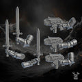 Resin 3D‑printed Order of Repentance Robotic Arms by DakkaDakka, featuring mechanical sword arms, armored elbow joints, and futuristic pistol arms arranged in a grid layout.