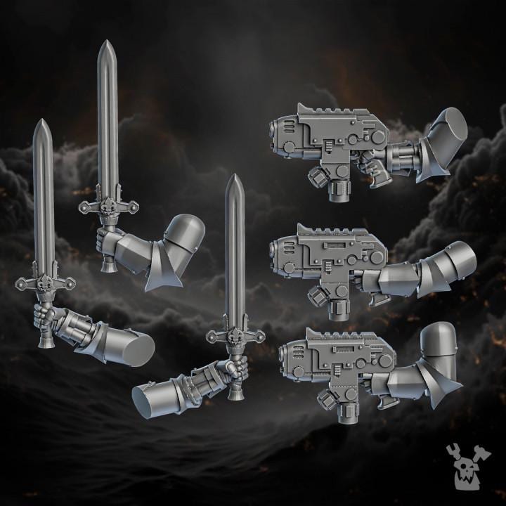 Resin 3D‑printed Order of Repentance Robotic Arms by DakkaDakka, featuring mechanical sword arms, armored elbow joints, and futuristic pistol arms arranged in a grid layout.