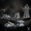 Resin 3D‑printed Order of Repentance Terrain by DakkaDakka featuring a standing robed armored figure, a collapsed armored body, a broken torso section, and multiple shattered architectural blocks with mechanical detailing