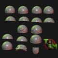 Guttertech Brute shoulder pad bits by Trollet Miniatures, showing assorted sci-fi resin armor plates with carved symbols, rivets, skull details, and scrap-style designs.