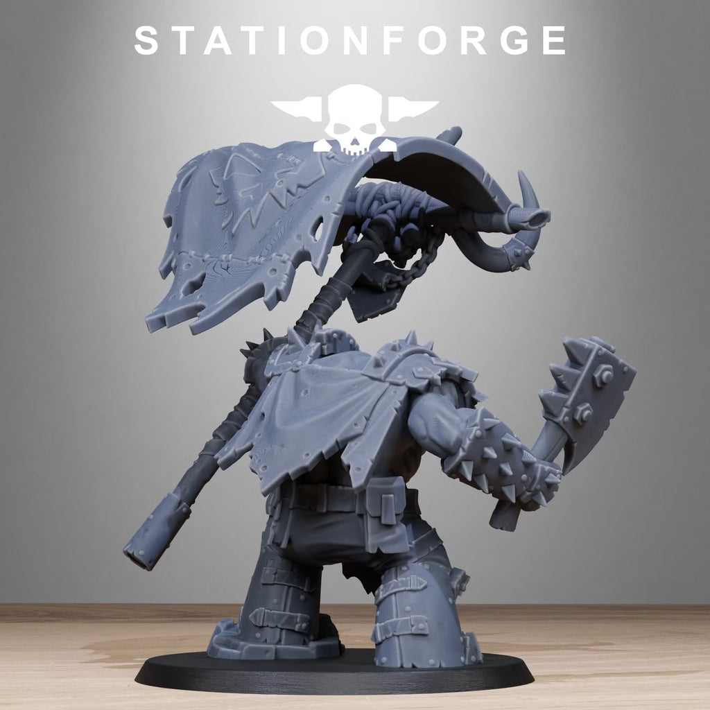 Orkaz Bearer Boss sci-fi greenskin banner leader rear view by Station Forge