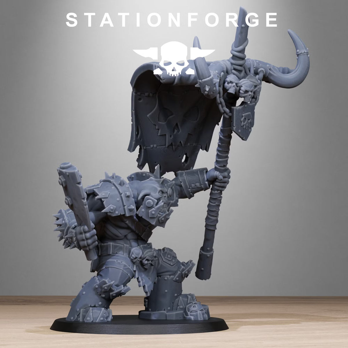 Orkaz Bearer Boss sci-fi greenskin banner leader side view by Station Forge