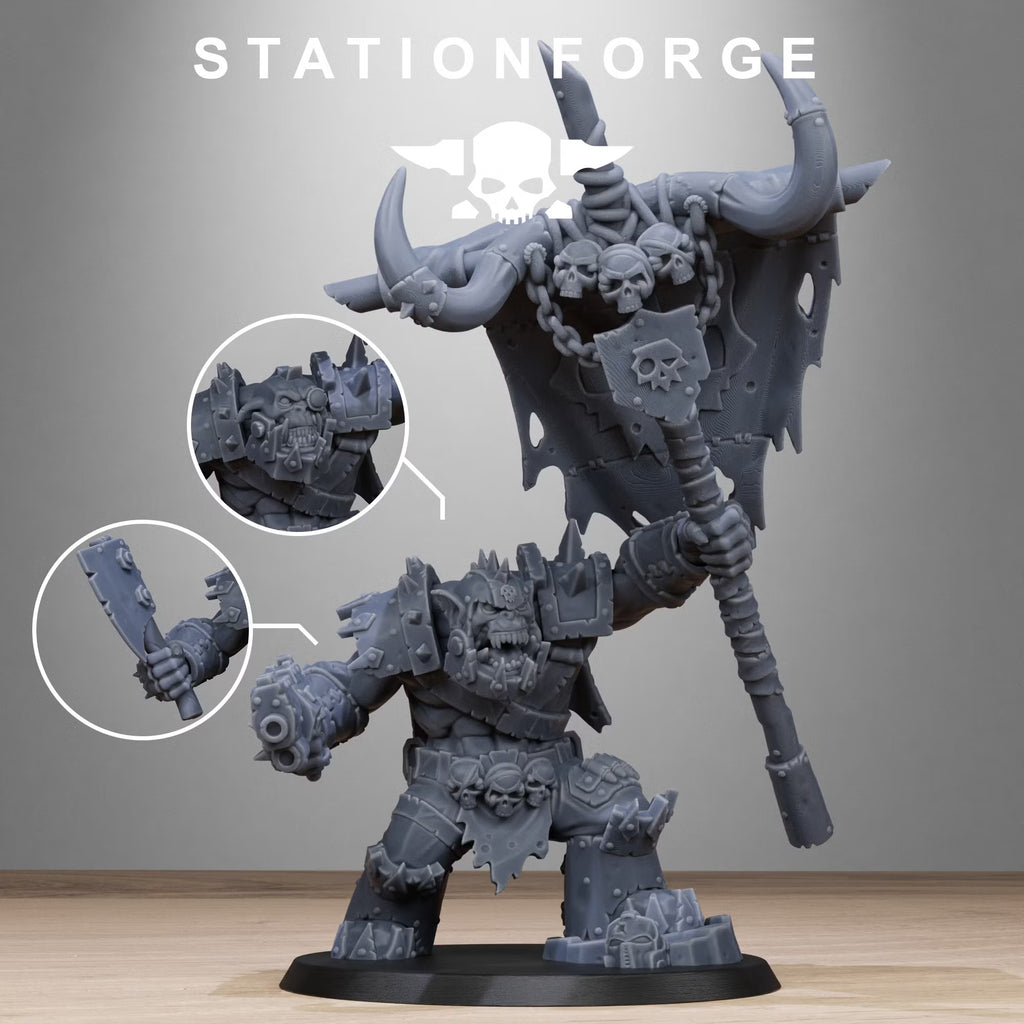 Orkaz Bearer Boss sci-fi greenskin banner leader front view by Station Forge