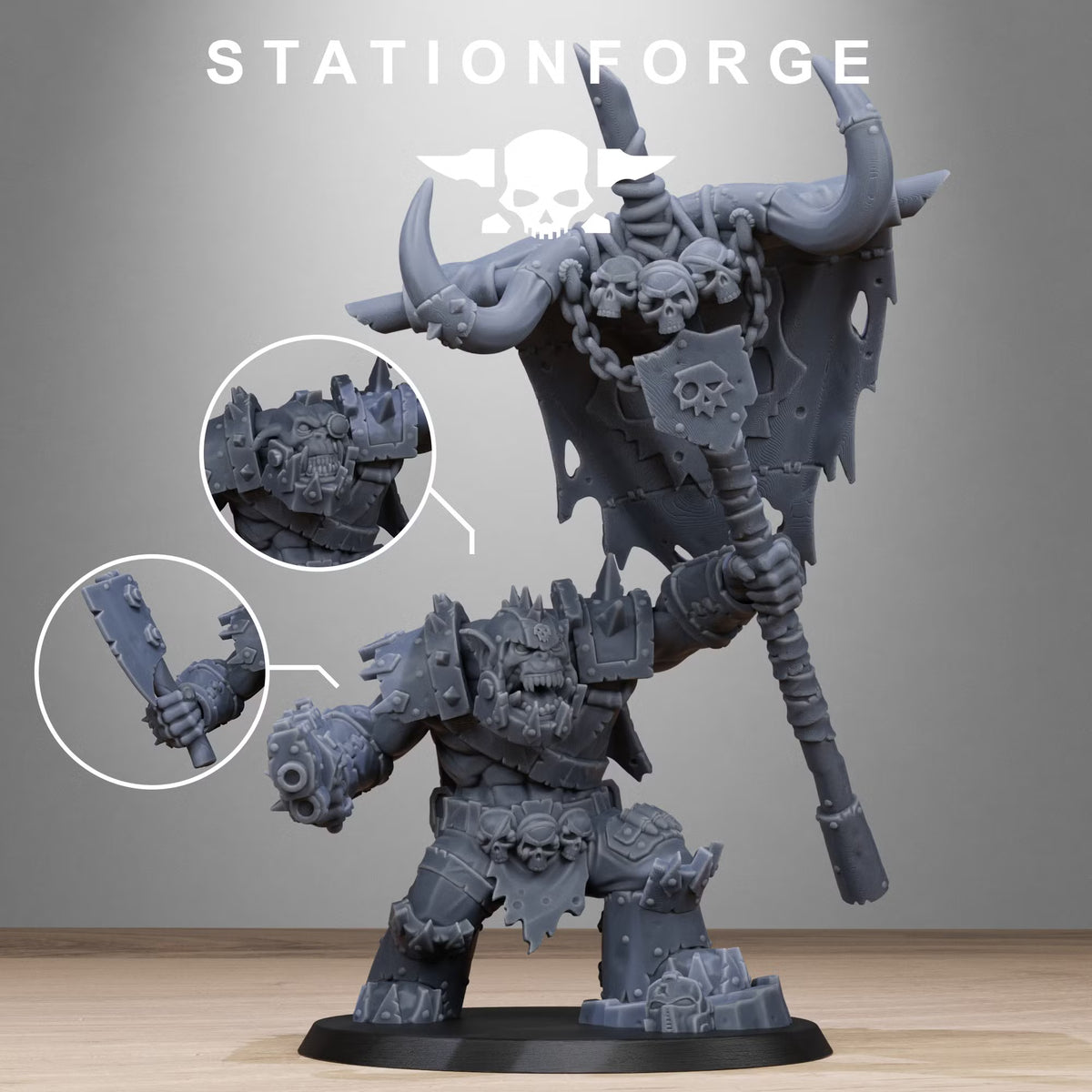 Orkaz Bearer Boss sci-fi greenskin banner leader front view by Station Forge