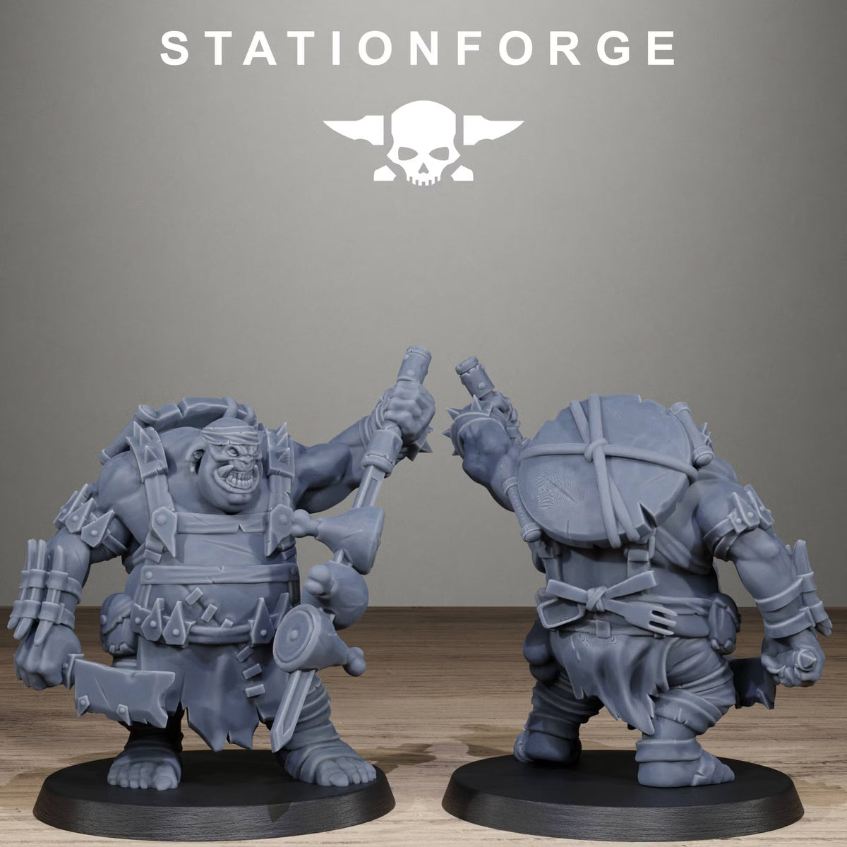 Orkaz Belly Bustas Infantry miniature with hand weapons, shown from front and rear