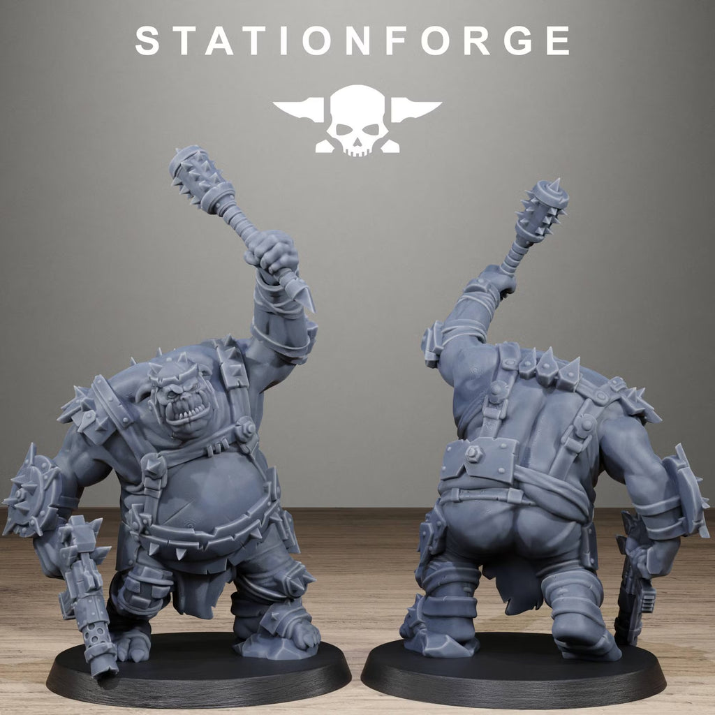 Orkaz Belly Bustas Infantry miniature with raised spiked mace, shown from front and rear