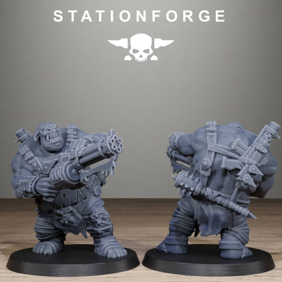 Orkaz Belly Bustas Infantry heavy gunner miniature, shown from front and rear