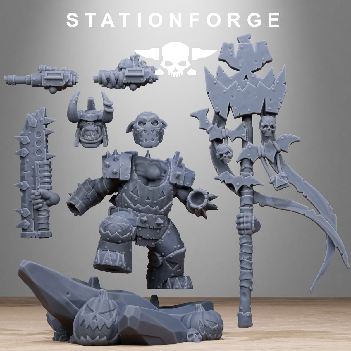 Orkaz Boo Basher modular parts with two head options, two gun options, club, banner and scenic base pieces