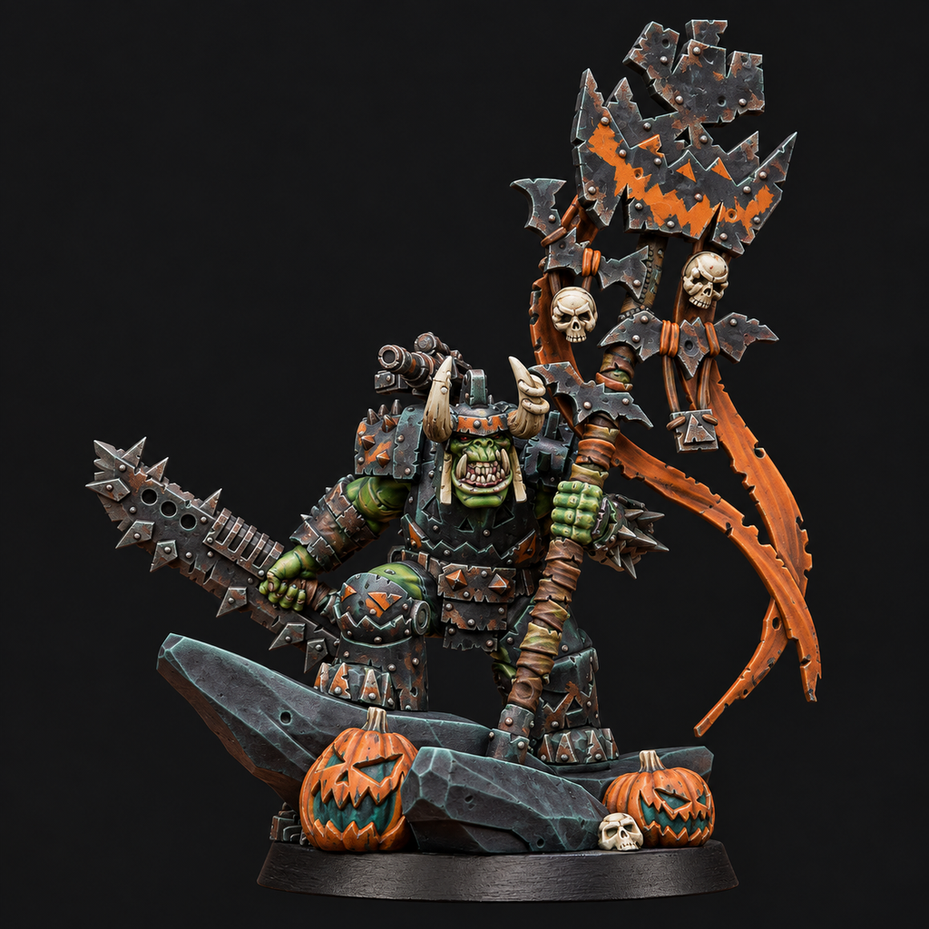 Painted Orkaz Boo Basher sci-fi greenskin character with green skin, dark armor and orange Halloween details