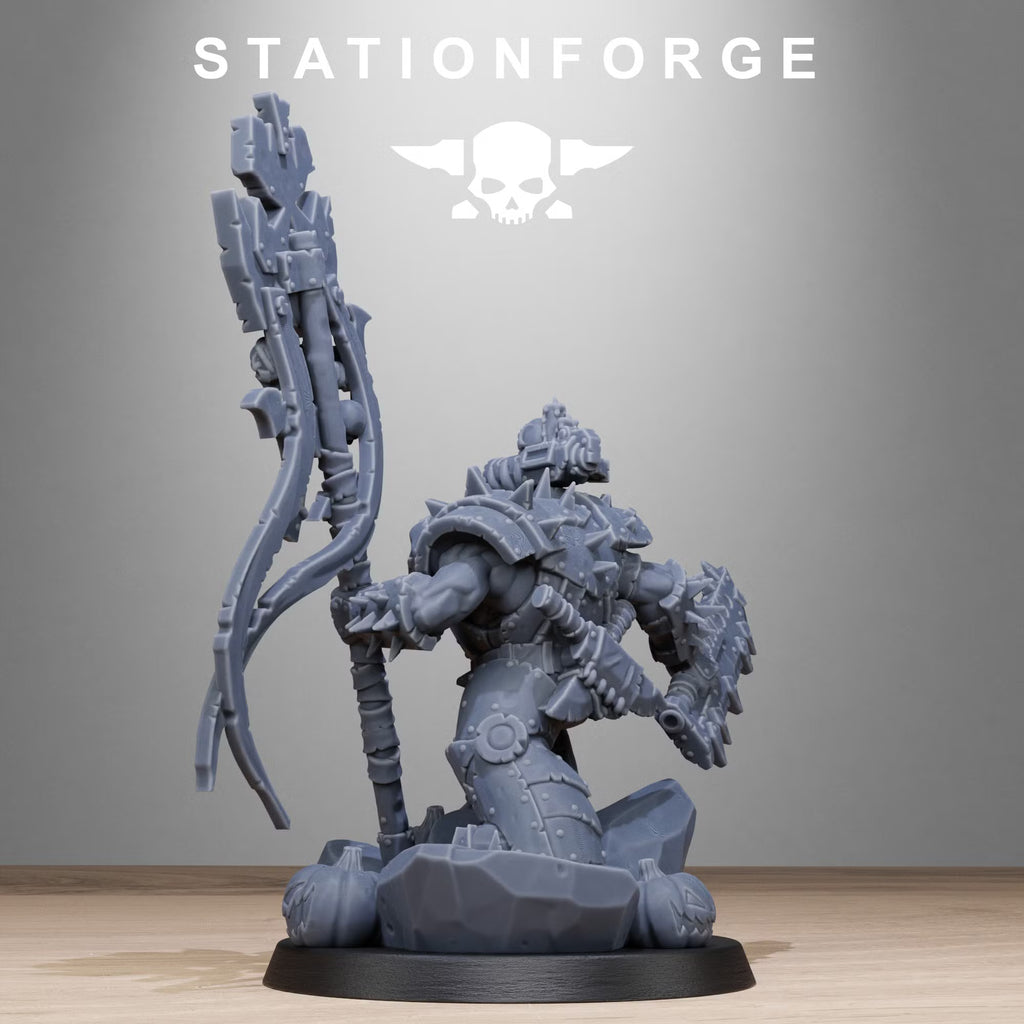 Rear view of Orkaz Boo Basher sci-fi greenskin character with large banner and sculpted armor details