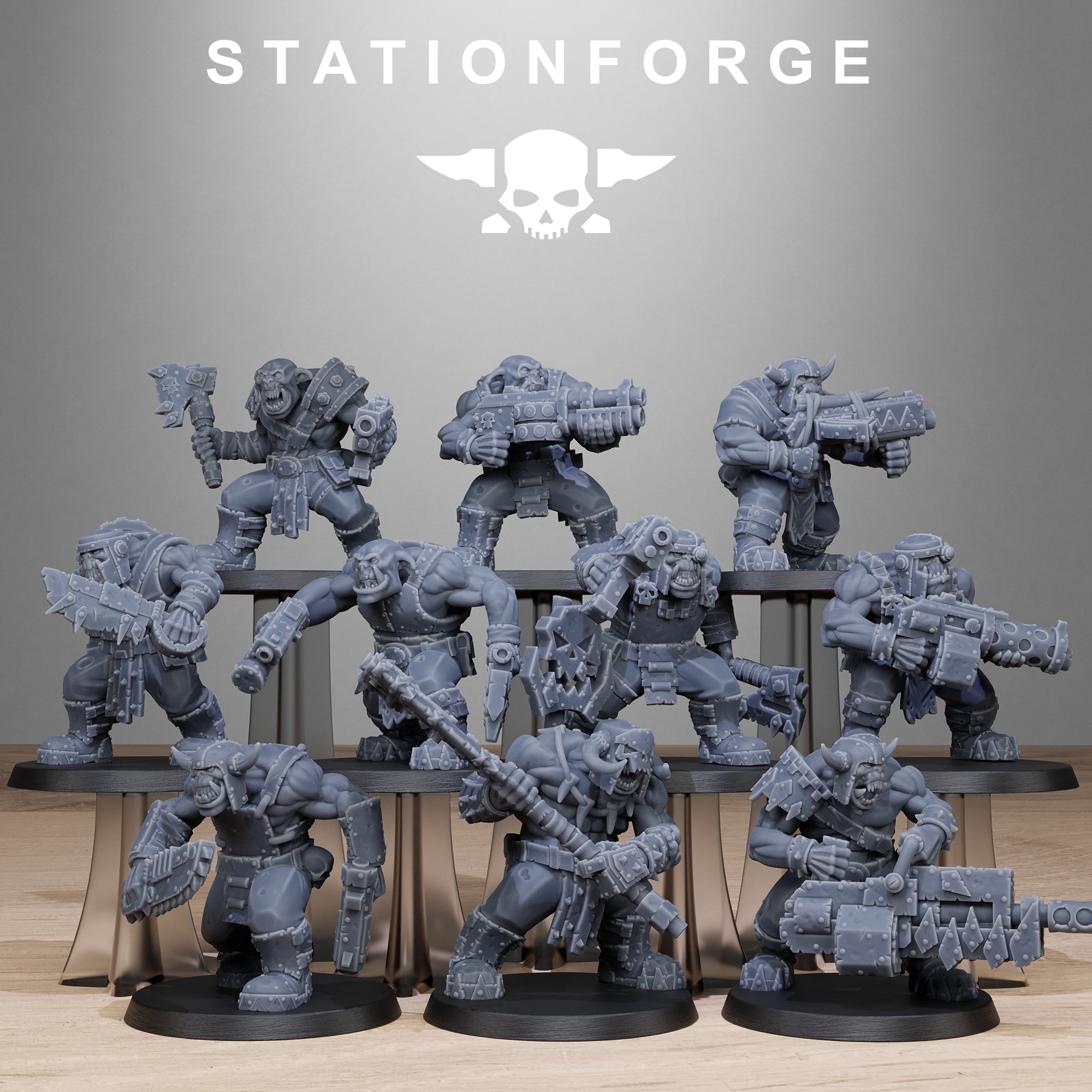 Full Orkaz Bros Infantry squad by Station Forge with 10 sci-fi orc miniatures carrying heavy guns, pistols, axes, and scrap-built weapons.