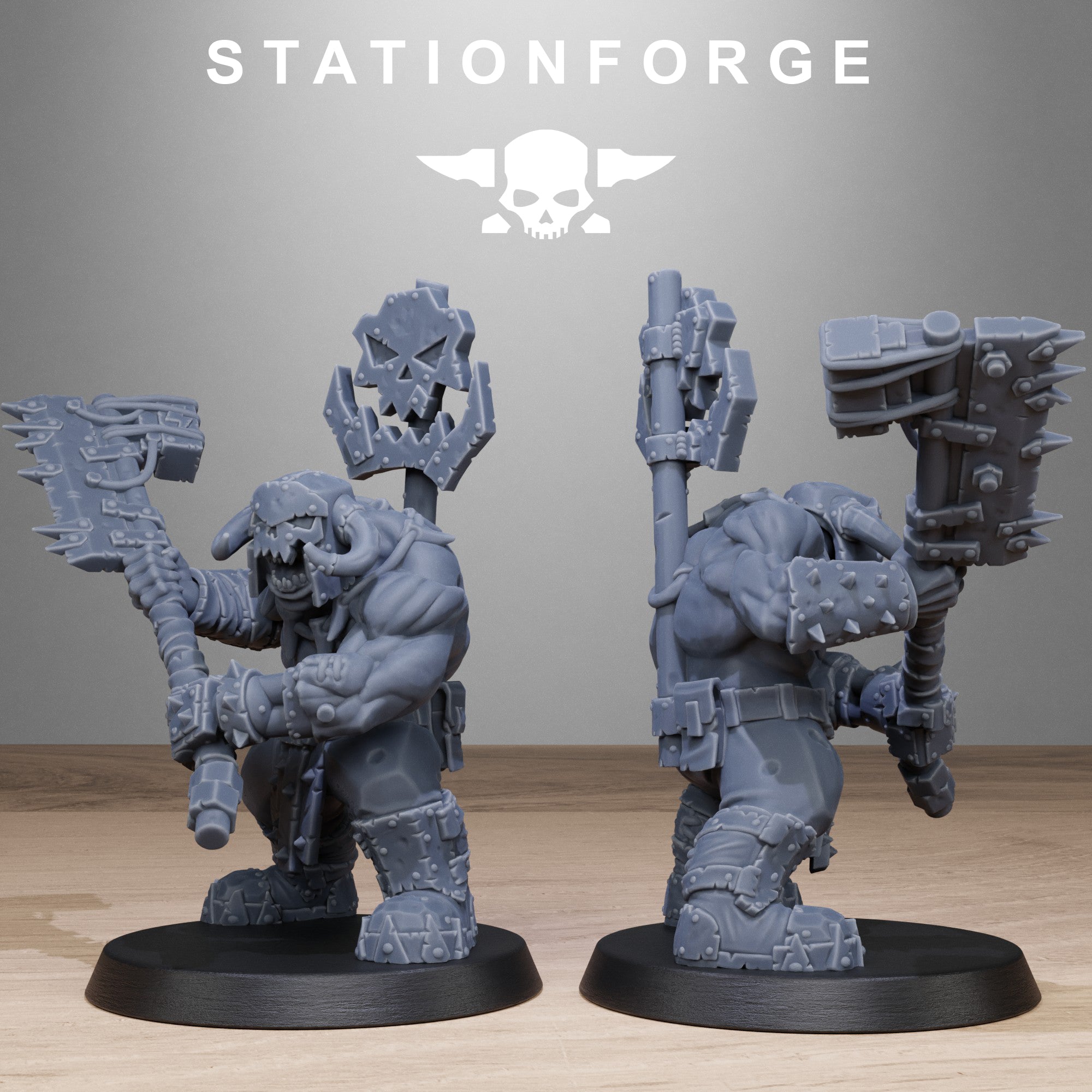 Orkaz Bros Infantry miniature with large axe, shown front and back with spiked armor and heavy boots.