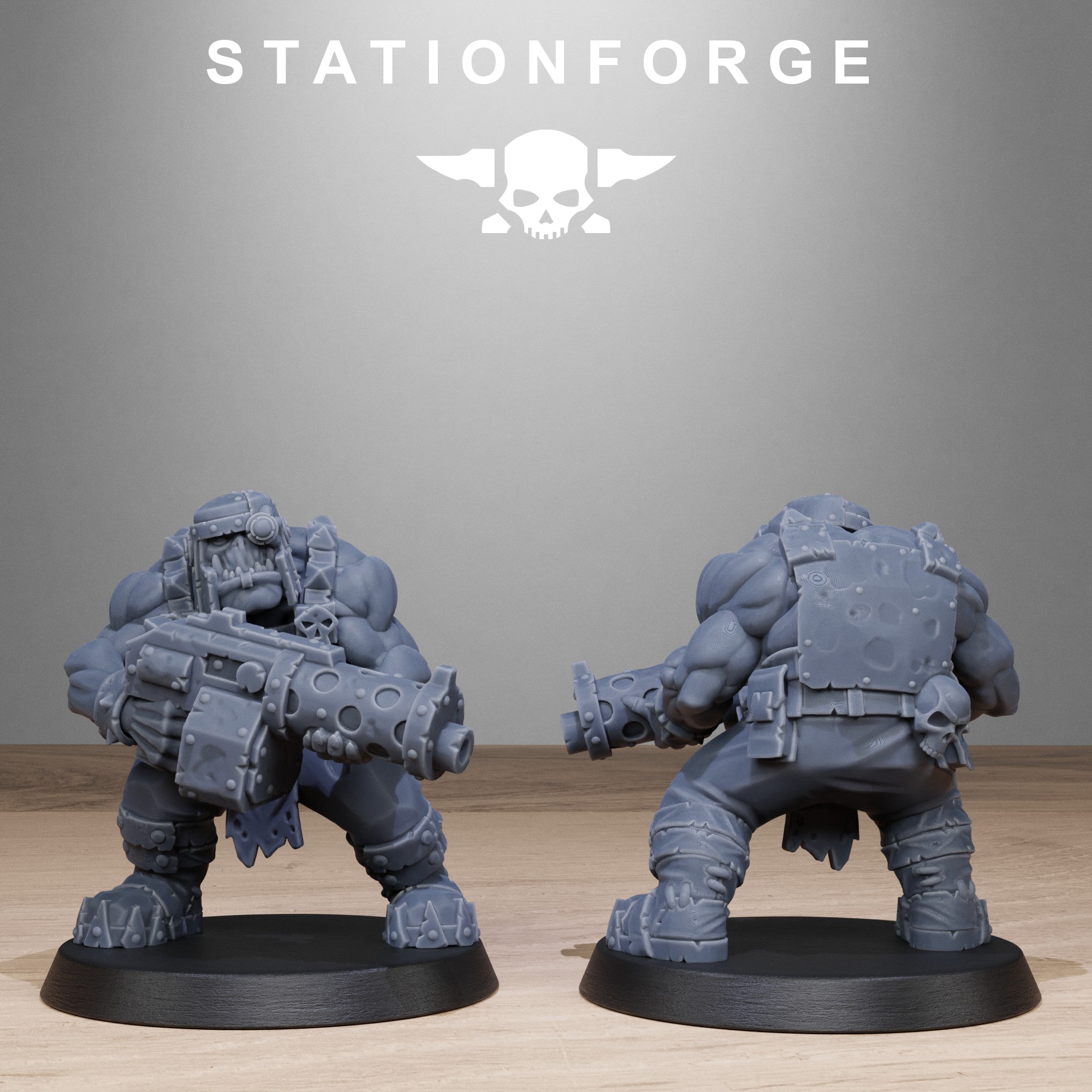 Sci-fi orc infantry miniature holding a large double-barreled gun, shown from front and rear with armored back plates and skull detail.