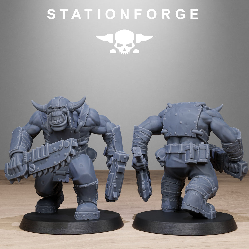 Orkaz Bros Infantry miniature with bare snarling head, pistol, and blade, shown front and back with scrap armor details.