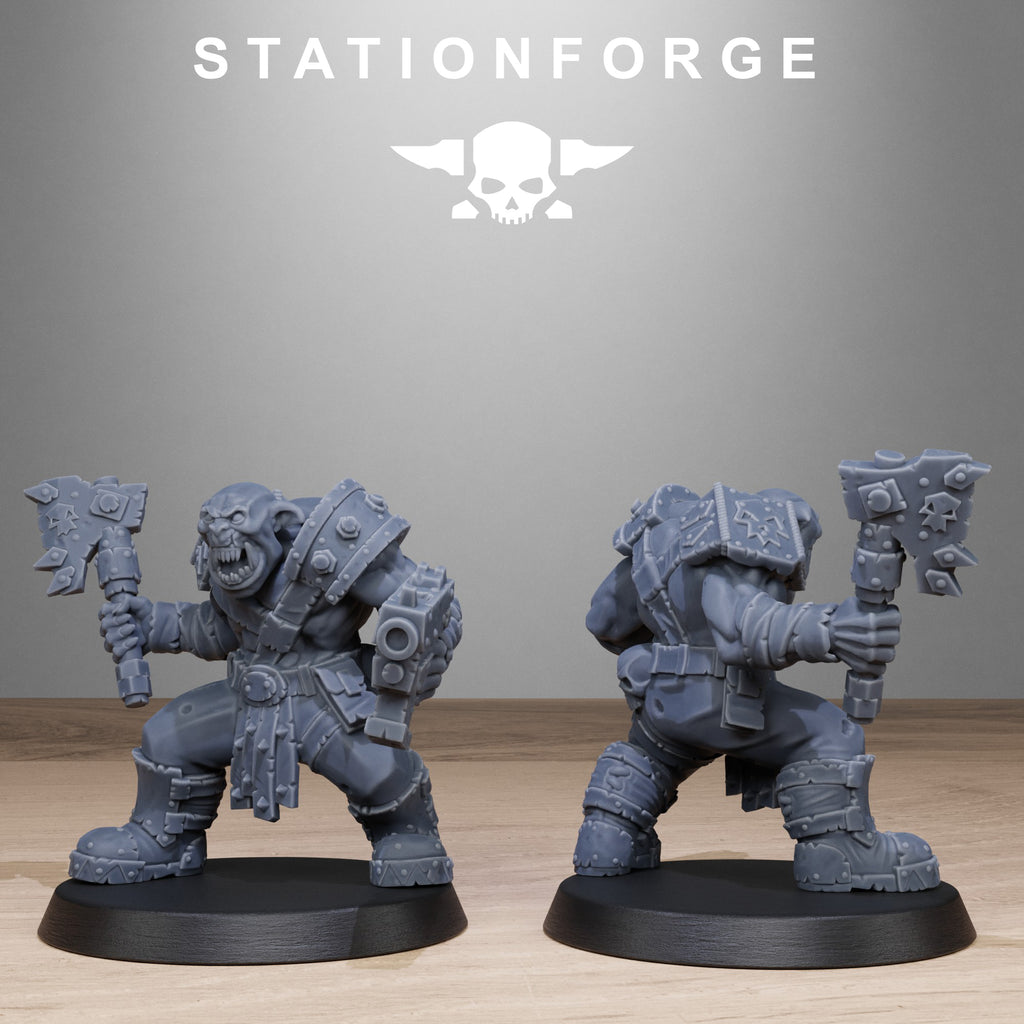 Sci-fi orc infantry miniature with axe and pistol, shown from front and rear with layered armor and aggressive pose.