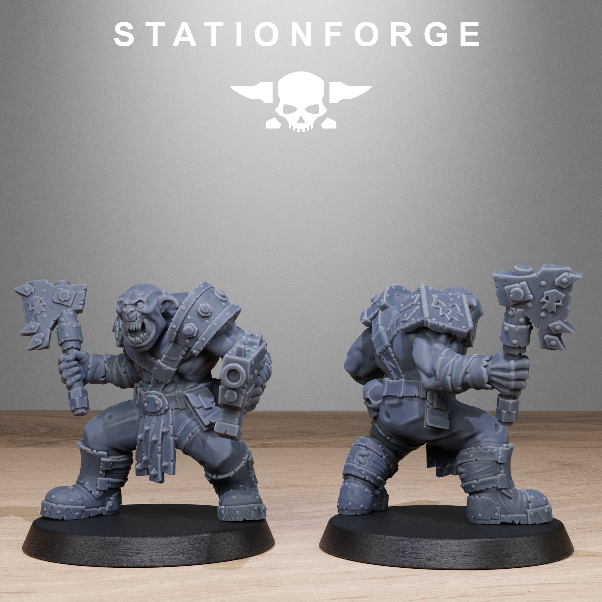 Sci-fi orc infantry miniature with axe and pistol, shown from front and rear with layered armor and aggressive pose.