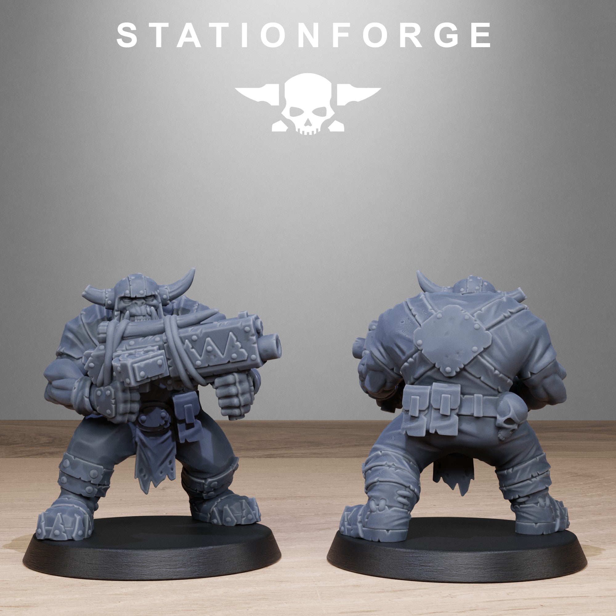 Orkaz Bros Infantry miniature with large cannon-style weapon and heavy armor, shown from front and back.