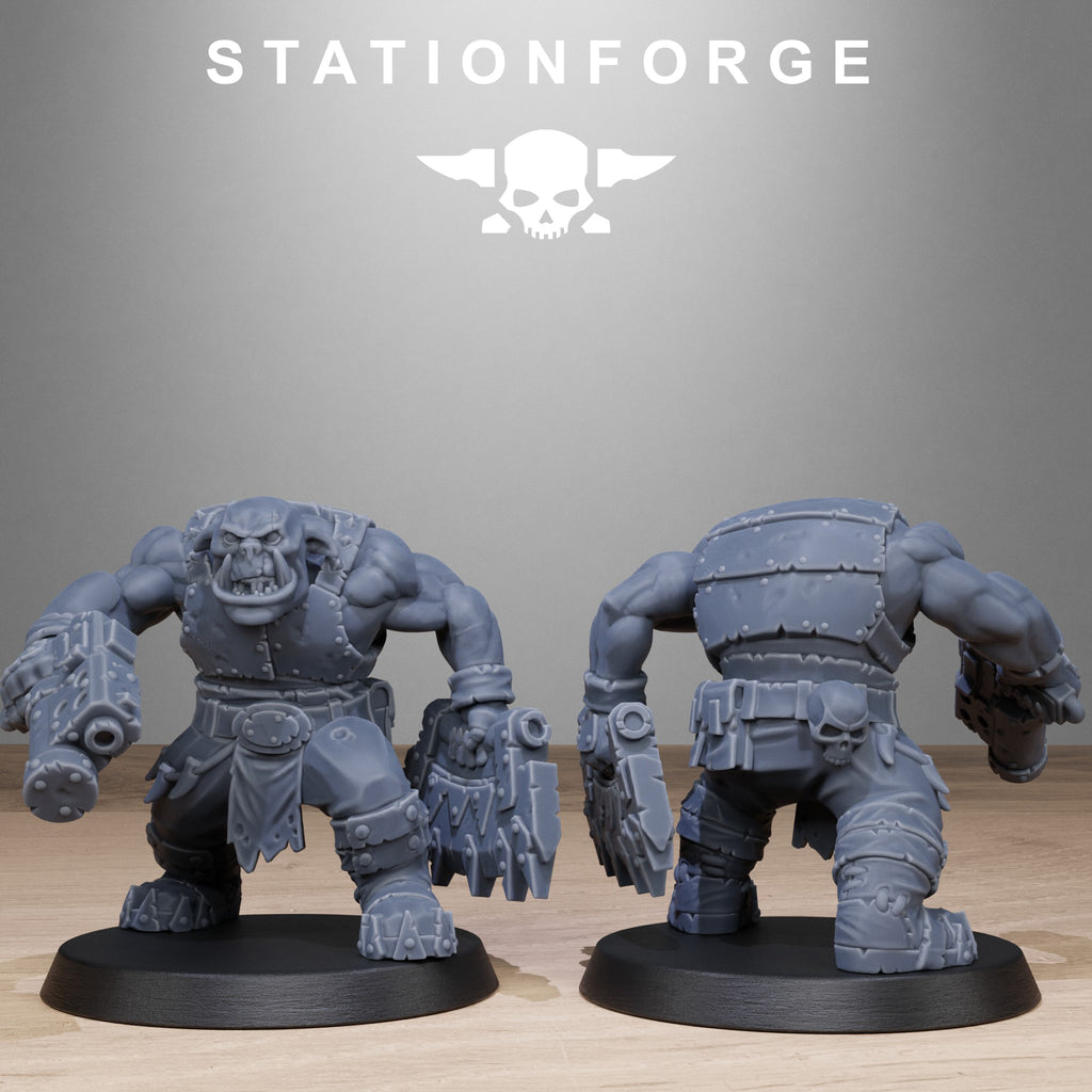 Sci-fi orc warrior miniature carrying a launcher and brutal melee weapon, shown front and back in unpainted resin.