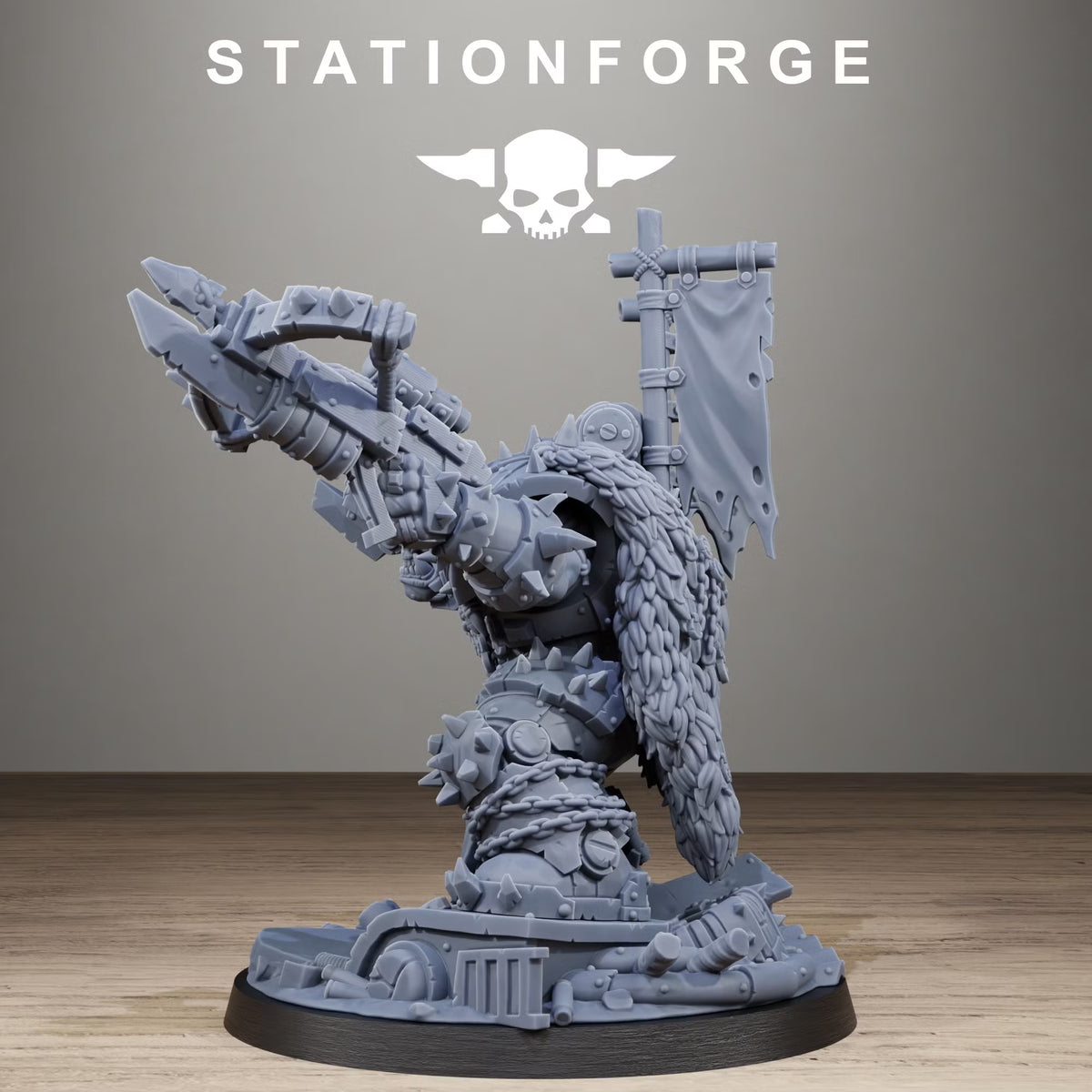 Orkaz Brutal Boss alternate profile with large firearm, fur cloak, damaged back banner, and heavily armored legs
