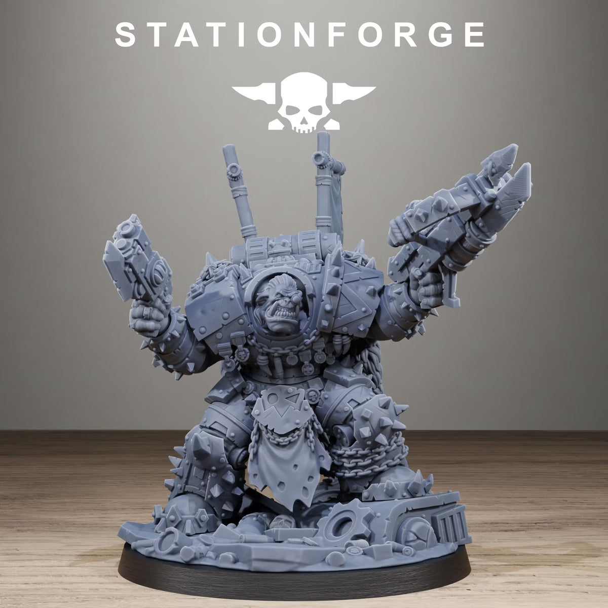 Alternate Orkaz Brutal Boss configuration with uncovered head, twin oversized firearms, spiked armor, and back banners
