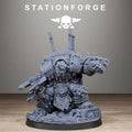 Orkaz Brutal Boss by Station Forge wearing massive spiked armor and carrying heavy weapons on a scrapyard scenic base