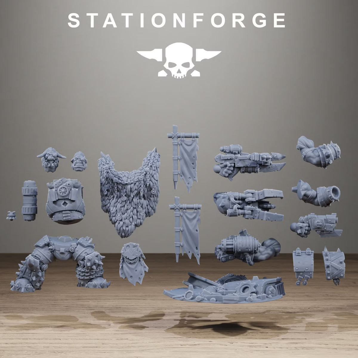 Orkaz Brutal Boss modular components with alternate heads, heavy weapons, launcher gauntlet, banners, fur cloak, armor, and scenic base