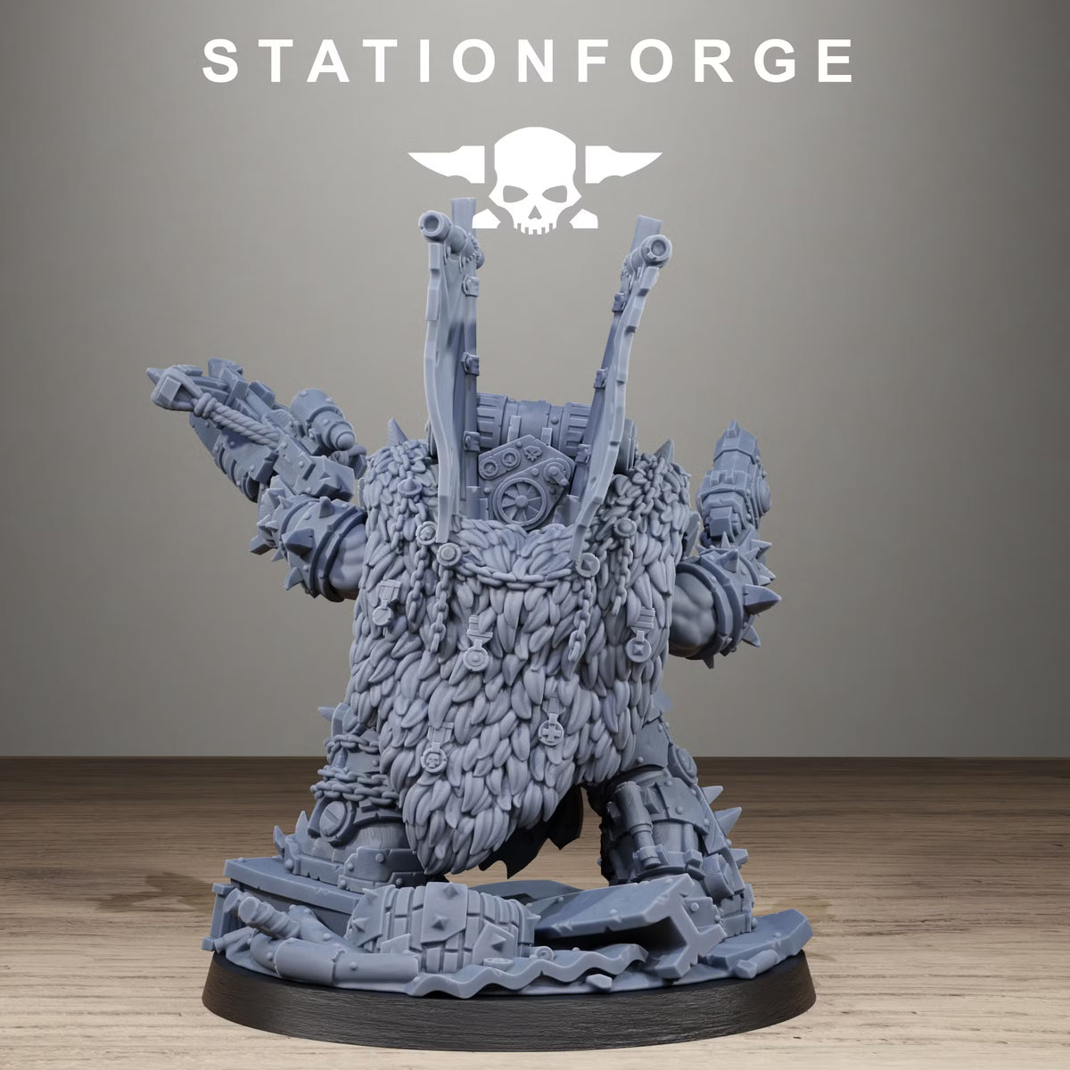 Rear view of the Orkaz Brutal Boss showing its thick fur cloak, chains, mechanical backpack, and twin banner poles