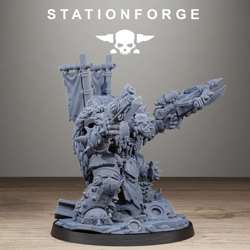 Side view of the Orkaz Brutal Boss with two heavy ranged weapons, spiked plate armor, chains, and scenic wreckage