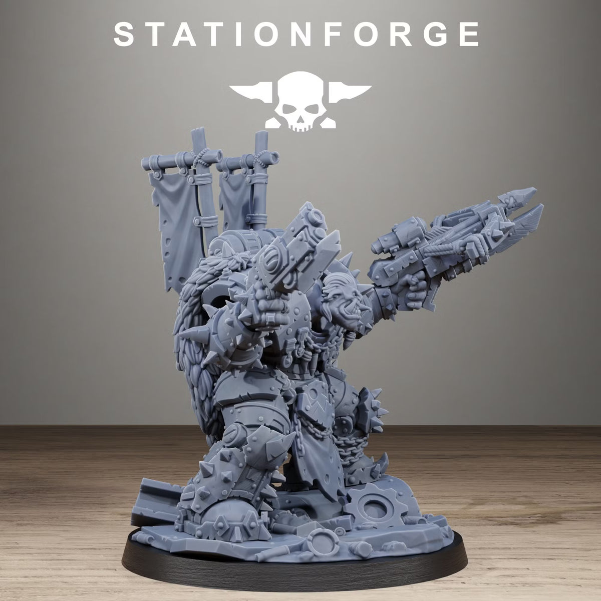 Side view of the Orkaz Brutal Boss with two heavy ranged weapons, spiked plate armor, chains, and scenic wreckage