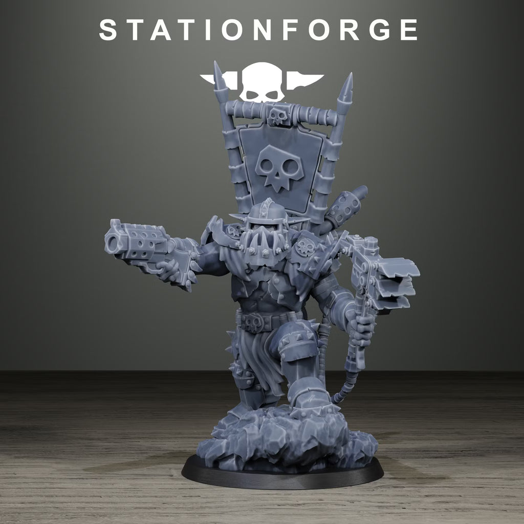 Angled front view of the Orkaz Chief resin miniature by Station Forge