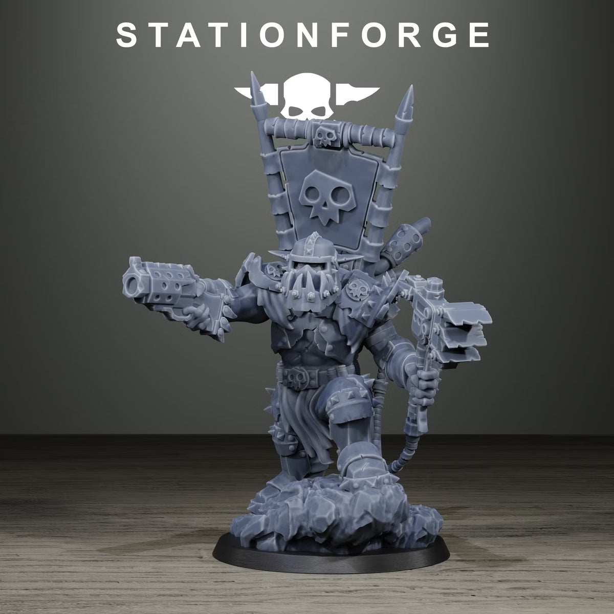 Angled front view of the Orkaz Chief resin miniature by Station Forge