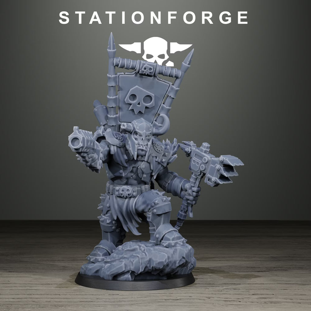 Orkaz Chief by Station Forge, modular sci-fi orc leader miniature with banner, firearm, and claw weapon