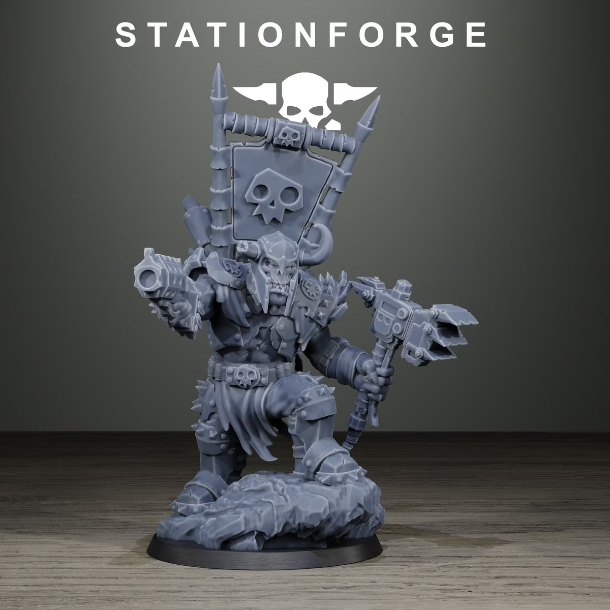 Orkaz Chief by Station Forge, modular sci-fi orc leader miniature with banner, firearm, and claw weapon