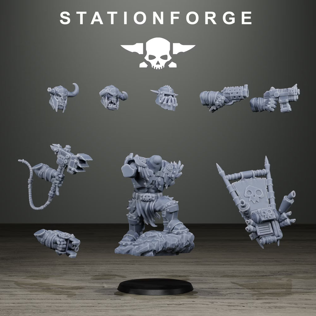 Orkaz Chief modular components showing alternate heads, arms, banner, and leader body