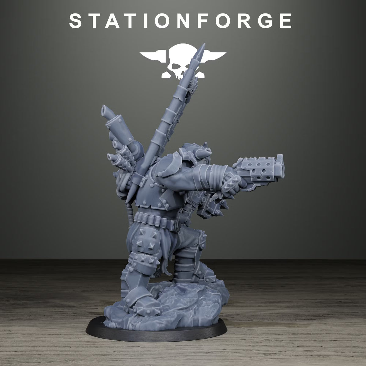 Side view of the Orkaz Chief sci-fi orc leader miniature with banner and firearm