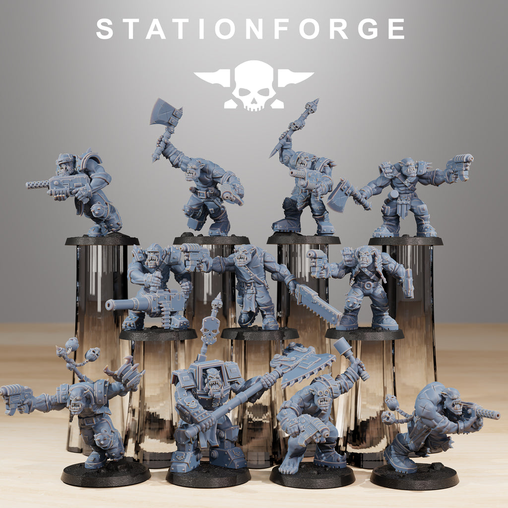Orkaz Infantry squad by Station Forge, showing eleven sci-fi resin miniatures with heavy weapons, pistols, axes, brutal armor, and aggressive battle poses.
