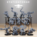 Orkaz Infantry squad by Station Forge, showing eleven sci-fi resin miniatures with heavy weapons, pistols, axes, brutal armor, and aggressive battle poses.