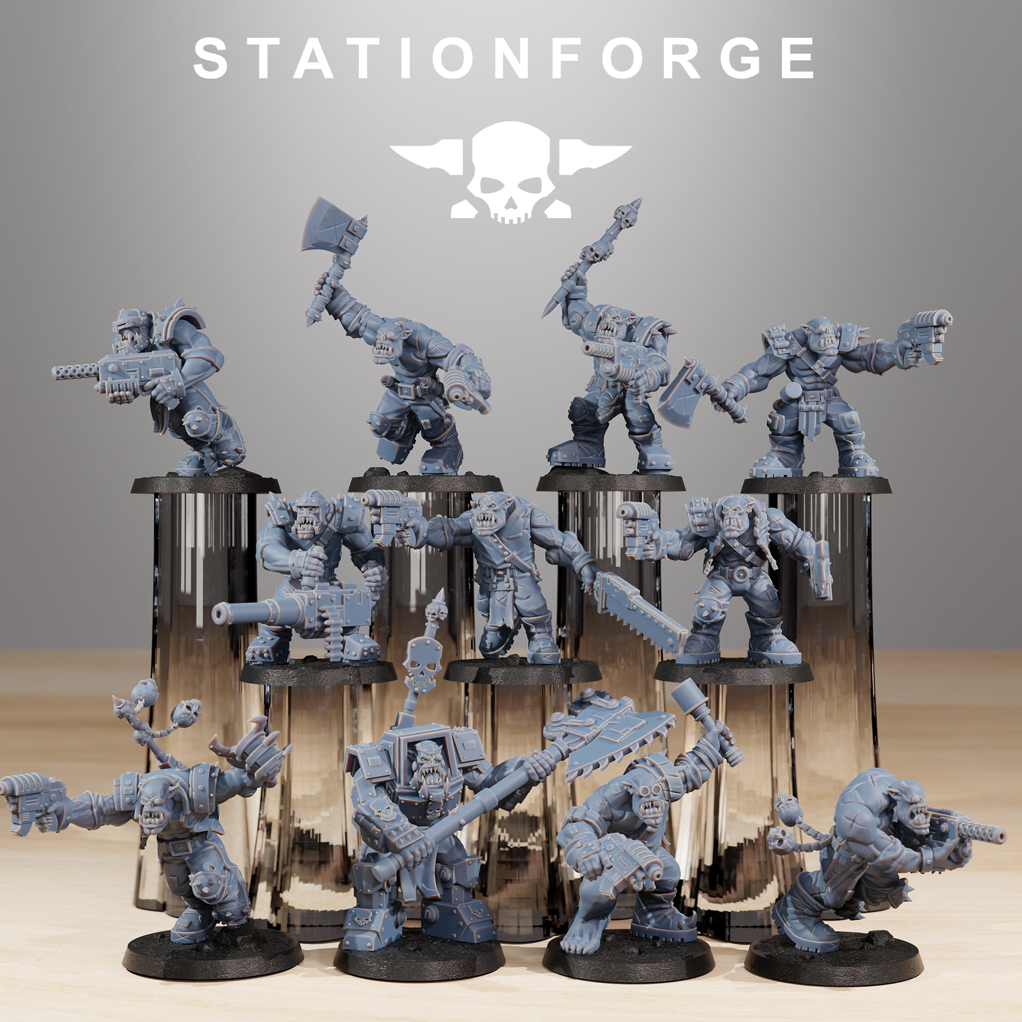 Orkaz Infantry squad by Station Forge, showing eleven sci-fi resin miniatures with heavy weapons, pistols, axes, brutal armor, and aggressive battle poses.