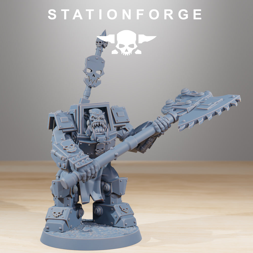 Heavy armored Orkaz Infantry miniature by Station Forge, shown with oversized polearm, heavy armor plating, and brutal sci-fi commander styling.