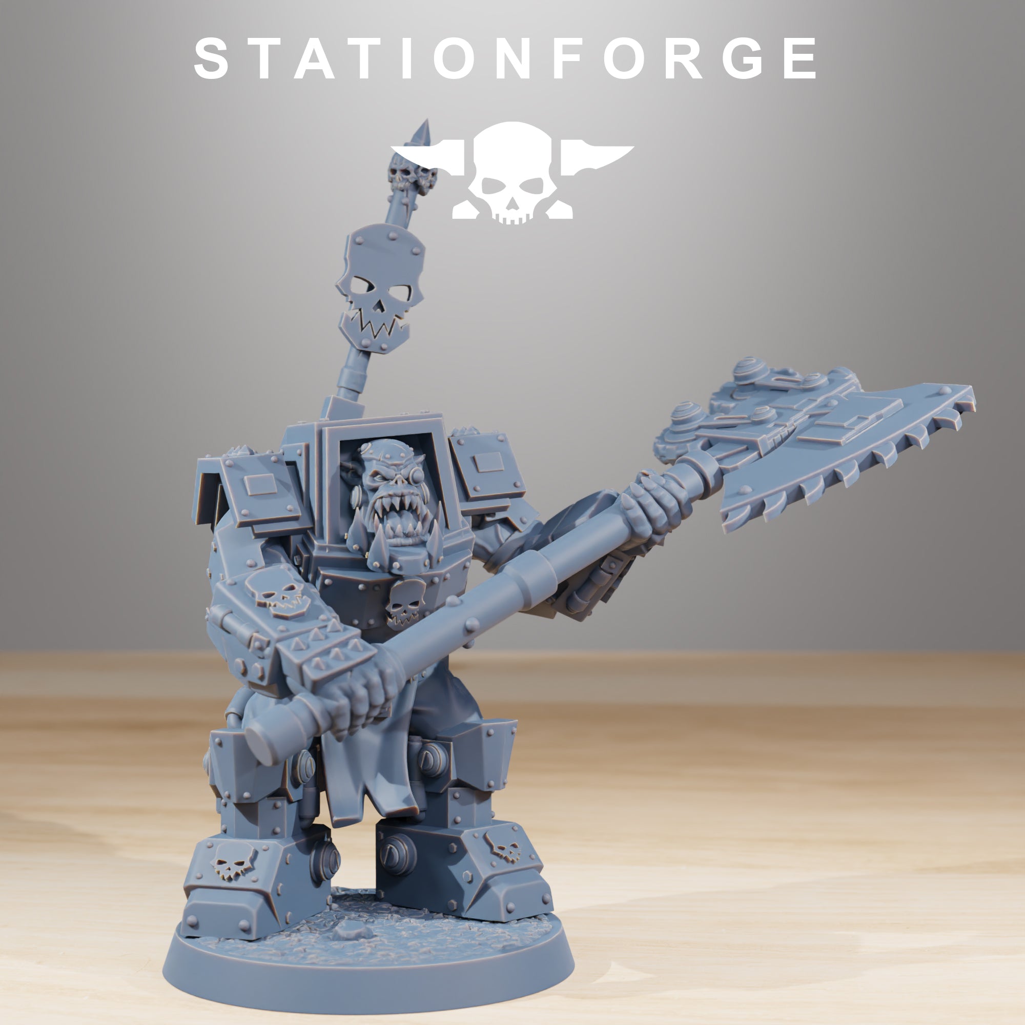 Heavy armored Orkaz Infantry miniature by Station Forge, shown with oversized polearm, heavy armor plating, and brutal sci-fi commander styling.