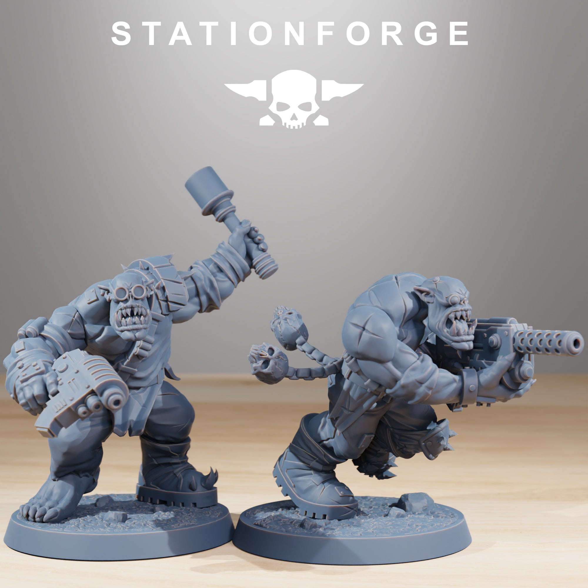 Two Orkaz Infantry miniatures by Station Forge, including a goggle-wearing fighter and rifleman with rough sci-fi warband styling.