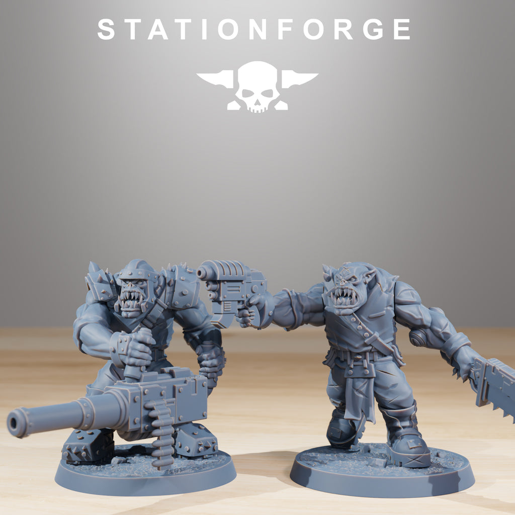 Two Orkaz Infantry miniatures by Station Forge, featuring a heavy weapon gunner and pistol-wielding raider in brutal sci-fi infantry style.