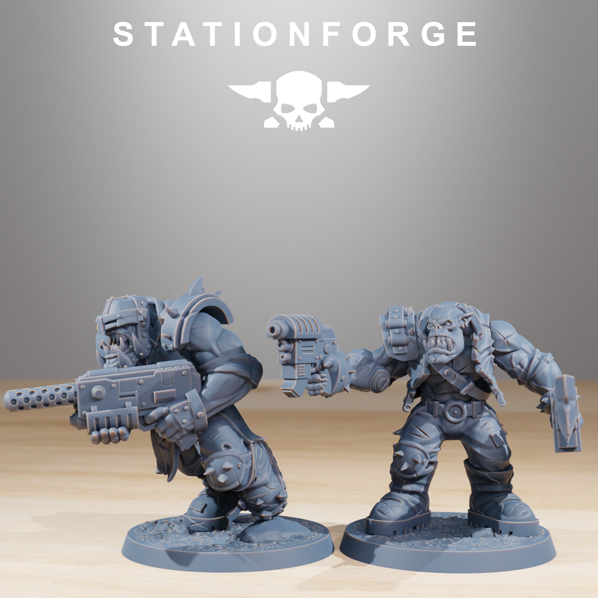 Two Orkaz Infantry miniatures by Station Forge, shown with rifle and pistol weapons, rugged armor, and dynamic sci-fi raider poses.