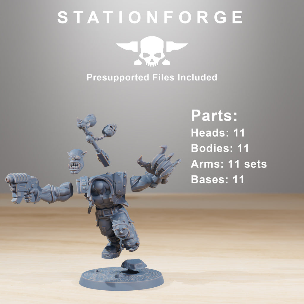 Modular Orkaz Infantry parts by Station Forge, showing separate head, body, arms, base, and weapon components for a sci-fi alien infantry miniature.