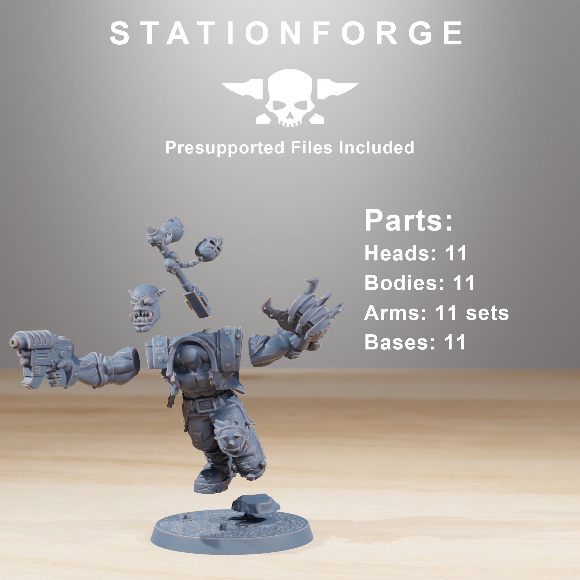Modular Orkaz Infantry parts by Station Forge, showing separate head, body, arms, base, and weapon components for a sci-fi alien infantry miniature.