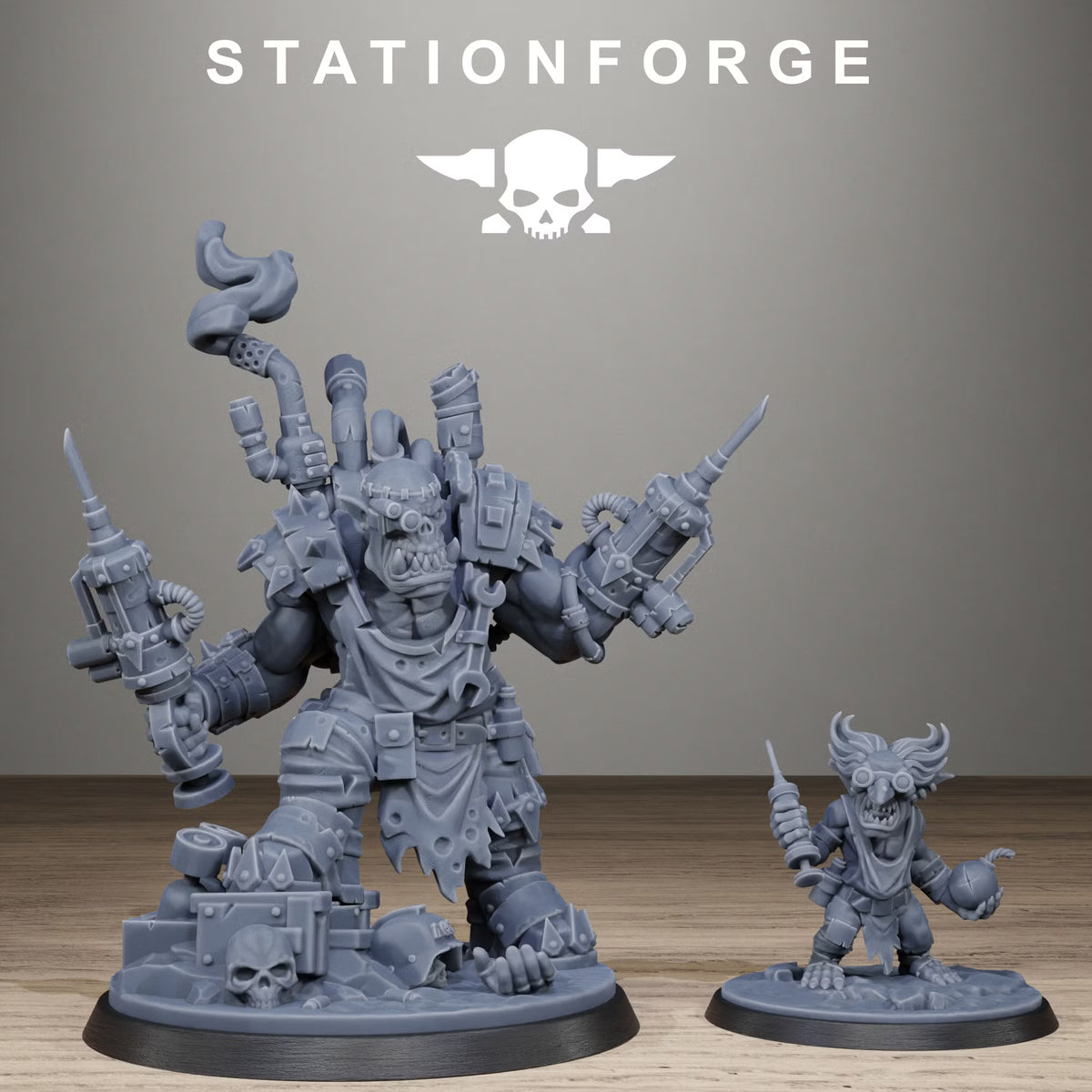 Alternate heads and weapon-arm components for the Orkaz Mad Scientist miniature