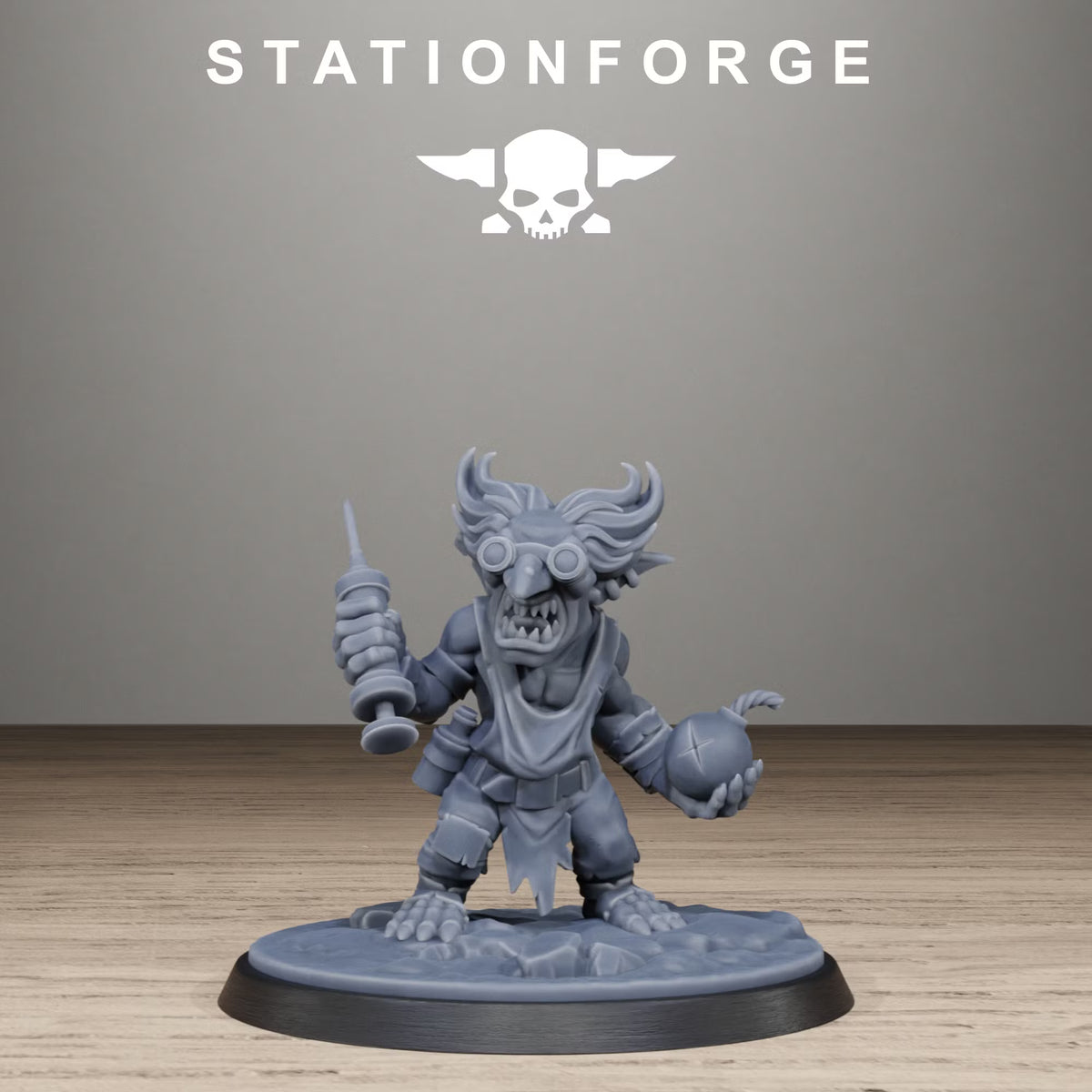 Close-up of the Orkaz Mad Scientist companion miniature holding a syringe and device