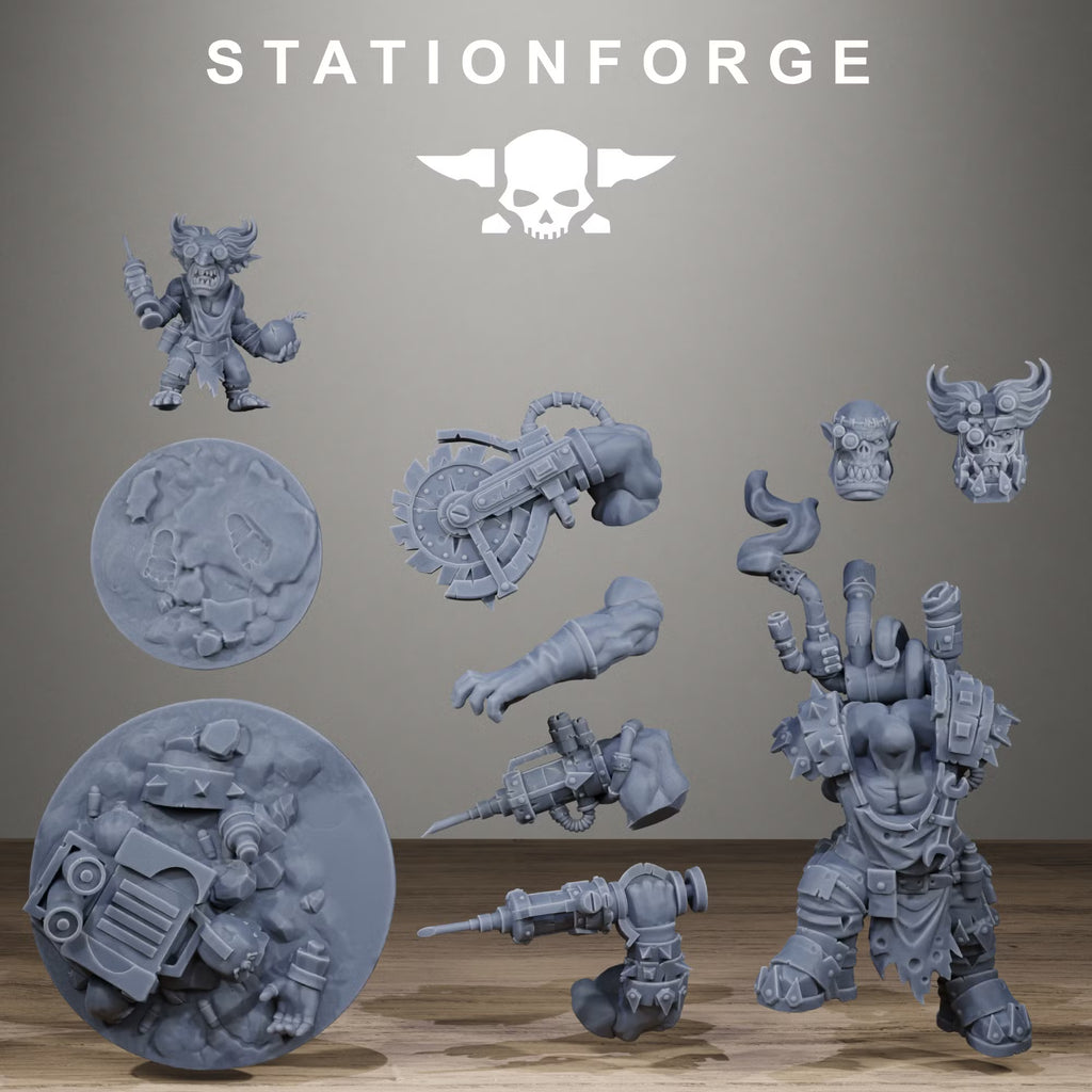 Orkaz Mad Scientist modular components with alternate heads, arms, companion, and base renders