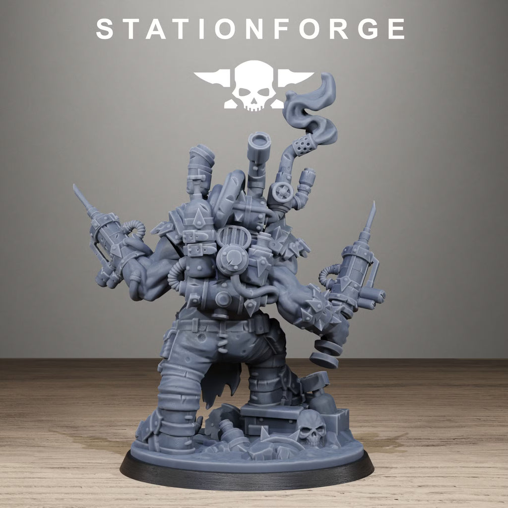 Rear view of Orkaz Mad Scientist showing pipes, equipment, and armor details