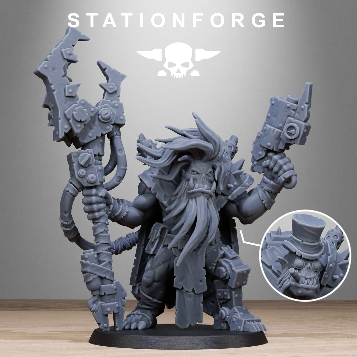 Orkaz Madman sci-fi greenskin leader front view by Station Forge